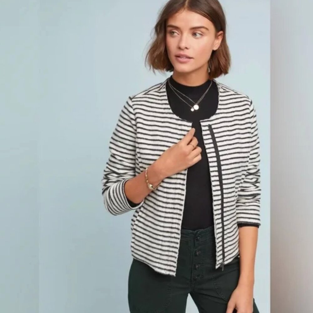 Anthropologie Dolan Striped Moto Zip Jacket Brushed Fleece Gray White sz Medium